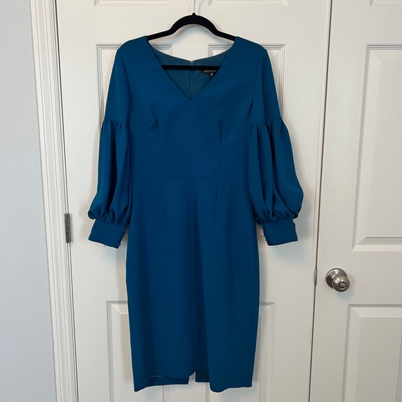 David Meister Women's Teal Blue 3/4 Puff-Sleeve Sheath Dress Size 10 - Picture 1 of 7